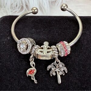 Vintage Silvertone Charm Bracelet palm tree, anchor flamingo Accents